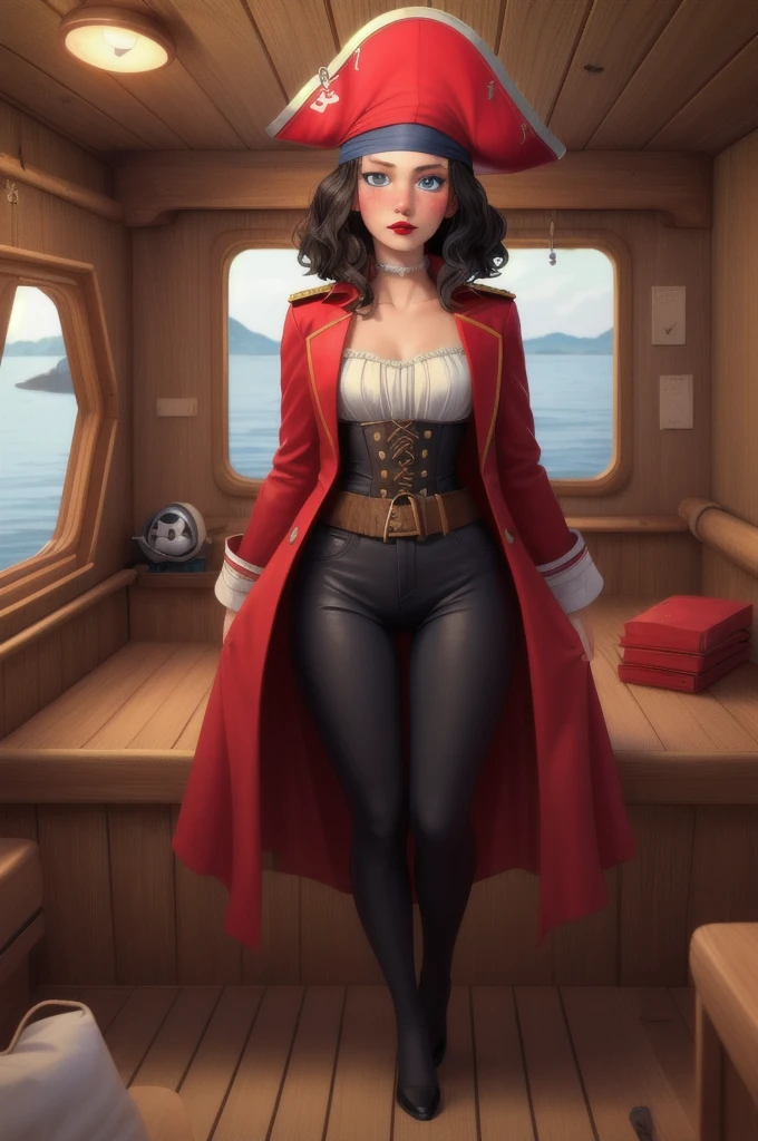 (masterpiece:1.5), beautiful girl, 1girl, pirate captain, inside boat cabin, wooden boat, skin tight, black and red coat, pirate costume, fucked silly, anal, black hair, medium hair, blue eyes, revealing clothes, red lips, blush,  