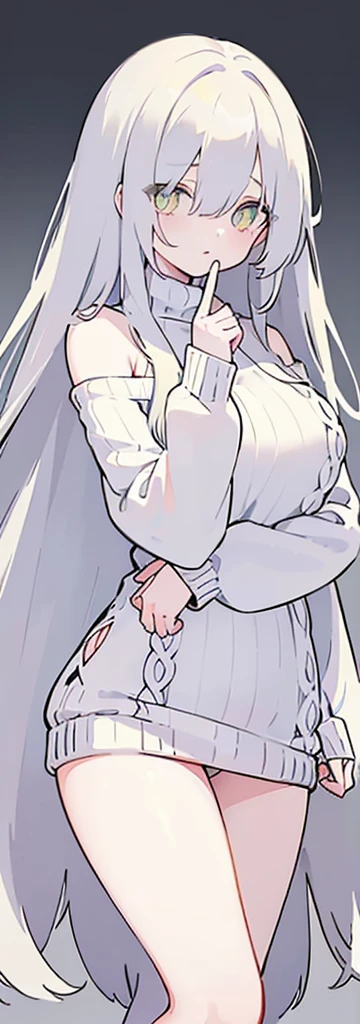 (((Long white Beautiful Hair))),greys hair,kawai,(((Eyes visible from bangs,hair over eyes:1.3))),,Huge breasts,(Yellow color eyes),,(yellw slanted eyes),1girl in,bangs,longs black hair, (white background) (using dark red sweaters, sweater models, off-the-shoulder sweaters), ((Don't wear any pants because the bottom fabric of the sweater is long from the sides to the middle of the thigh)) the curve of her thighs is visible, ((long straight hair)),((The pose of the right hand above the chest, the pose of the left hand hanging down the fingers must be perfect)) (long sweater sleeve covers the back of the hand) image as per tag, Standing body position facing the left side, Bare thighs