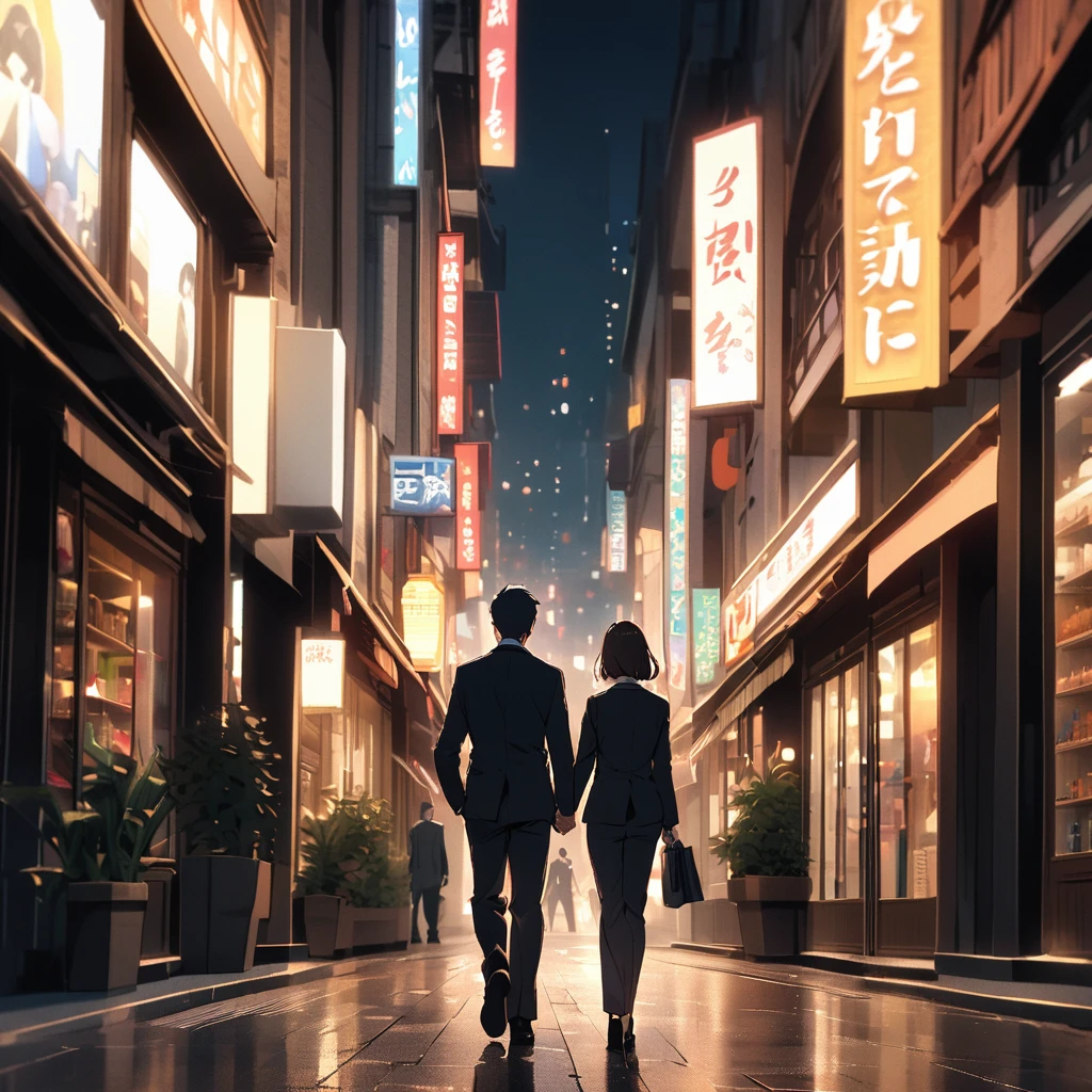 Back view of a couple in suits walking down a shopping street at night