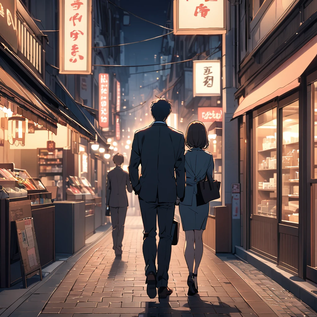 Back view of a couple in suits walking down a shopping street at night