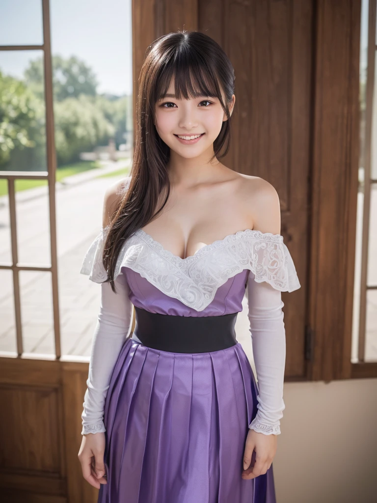 a beautiful japanese girl, very cute high school girl assassin, detailed portrait of innocent 16 year old virgin, in front of a lord's manor at the main entrance, (off-shoulder silver breastplate), (purple long maxi-skirt:1.2), (purple arm cover, silver booties), ((full body, standing, come into the house:1.1)), ((a coquettish smile, white teeth, open mouth:1.2)), greeting, blushing, fidgeting hands, translucent skin, hands clasped in front, small breasts, cleavage, glossy straight medium black hair, asymmetrical bangs, ((best quality, 4k, 8k, highres, masterpiece, ultra-detailed, realistic, photorealistic, photo-realistic, intricate detail, highly realistic:1.3)), dramatic lighting, muted color palette, cinematic composition, emotional portrait