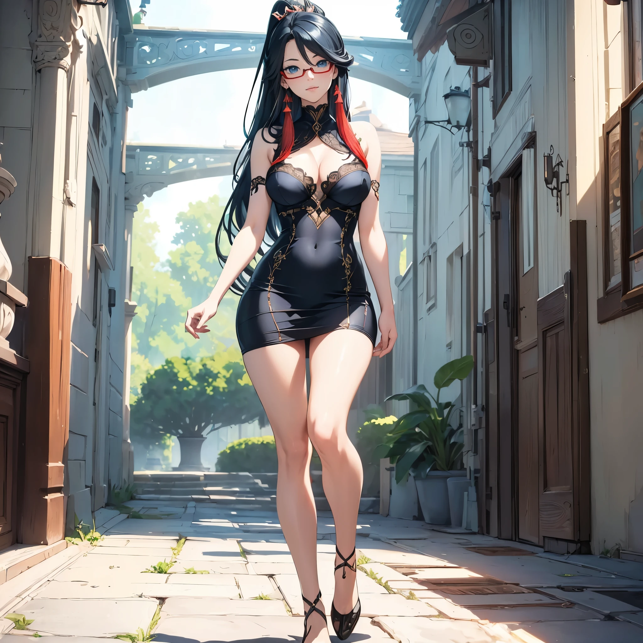 ((1girl, solo)), beautiful body, (perfect anatomy, perfect body, perfect hands, perfect legs), natural proportions, sexy body, large breasts, ((full body, full body front)) BREAK
((extremely detailed face)), (beautiful detailed eyes:1.6), (realistic pupils, realistic iris:1), expressive eyes, looking at viewer, (clear eyes:1.3), (hyperrealistic:1.2), (detailed skin texture:1.2), smooth skin, ((blue eyes)), (black hair:1.3), multicolored hair, two-tone hair, streaked hair, gradient hair, long hair, very long hair, high ponytail, bangs, parted bangs, sidelocks, ((red tassel earrings)), hair ornament, hair stick, glasses, semi-rimless eyewear, red-framed eyewear, ((mature female)), ((little smile)), (detailed lips:1.2), (attractive lips:1.1), (glossy lips:1), (parted lips), perfect face, perfect eyes BREAK
(masterpiece:1.5), anime-style, top quality, best quality, (beautiful and aesthetic:1.2), (ultra detail:1.5), Ultra-detailed depiction, Ultra-precise depiction, extremely detailed 8k illustration, high resolution, (highly detailed shading:1.2), (realistic lighting:1.4), perfect lighting, vibrant colors, dynamic tones, striking hues, 8k, absurd resolution, perfect shadows, hdr, UHD, ambient lighting, realistic, ultra-realistic, photo realistic, highly detailed, rich detail, luminous colors, fine texture, intricate design, professional illustration, (soft light:1.2), (illustration:0.7)