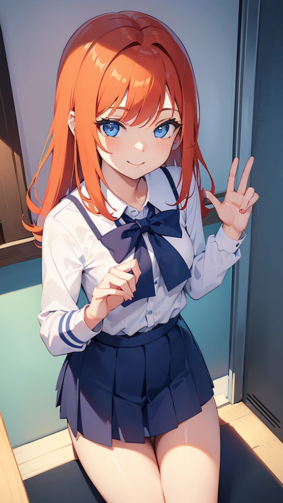 happy girl ((SMILE)) ((blue eyes)) ((ginger hair)) (( school uniform)) ((the plan)) (((small breasts)) ((slim)) ((short))