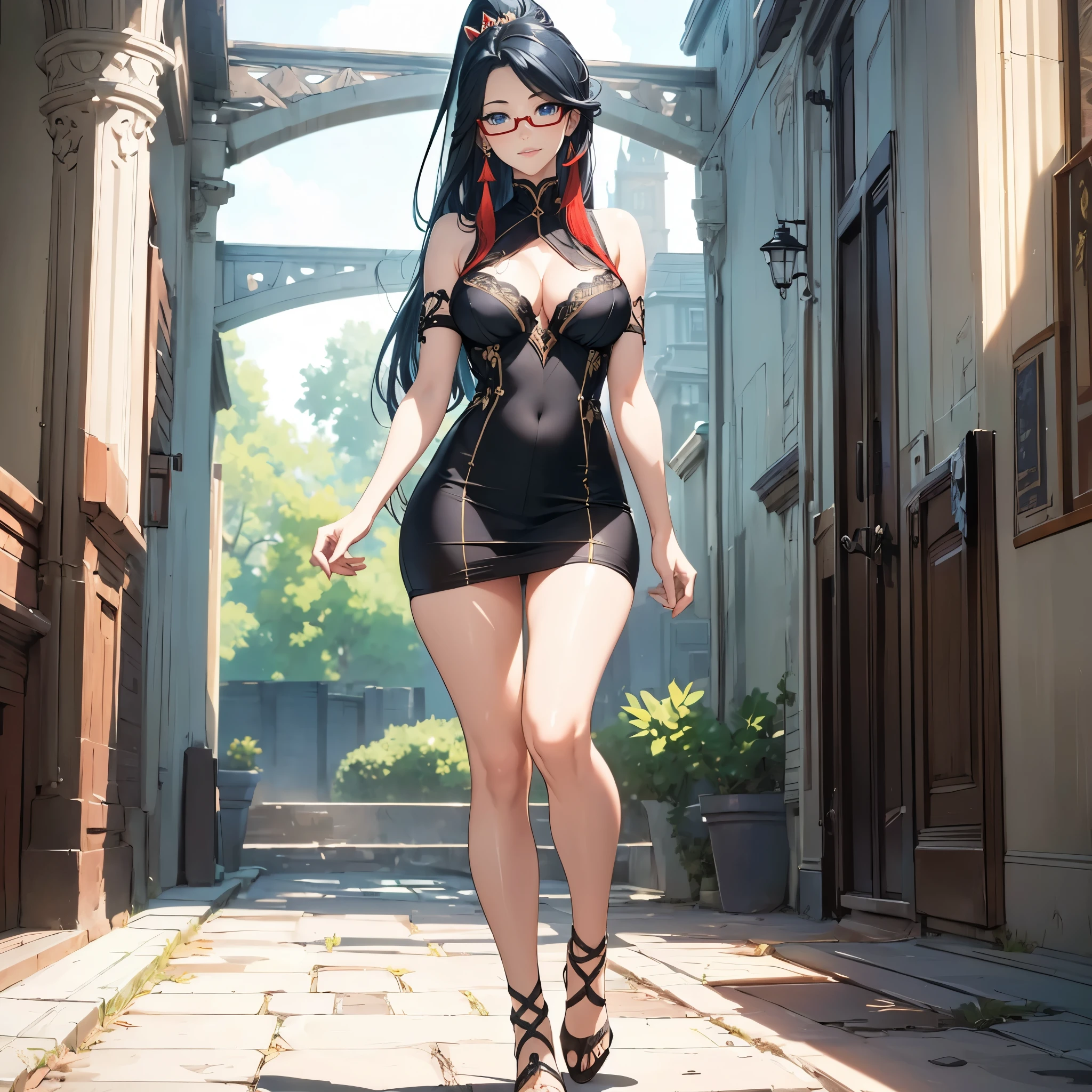 ((1girl, solo)), beautiful body, (perfect anatomy, perfect body, perfect hands, perfect legs), natural proportions, sexy body, large breasts, ((full body, full body front)) BREAK

((extremely detailed face)), (beautiful detailed eyes:1.6), (realistic pupils, realistic iris:1), expressive eyes, looking at viewer, (clear eyes:1.3), (hyperrealistic:1.2), (detailed skin texture:1.2), smooth skin, ((blue eyes)), (black hair:1.3), multicolored hair, two-tone hair, streaked hair, gradient hair, long hair, very long hair, high ponytail, bangs, parted bangs, sidelocks, ((red tassel earrings)), hair ornament, hair stick, glasses, semi-rimless eyewear, red-framed eyewear, ((mature female)), ((little smile)), (detailed lips:1.2), (attractive lips:1.1), (glossy lips:1), (parted lips), perfect face, perfect eyes BREAK

(masterpiece:1.5), anime-style, top quality, best quality, (beautiful and aesthetic:1.2), (ultra detail:1.5), Ultra-detailed depiction, Ultra-precise depiction, extremely detailed 8k illustration, high resolution, (highly detailed shading:1.2), (realistic lighting:1.4), perfect lighting, vibrant colors, dynamic tones, striking hues, 8k, absurd resolution, perfect shadows, hdr, UHD, ambient lighting, realistic, ultra-realistic, photo realistic, highly detailed, rich detail, luminous colors, fine texture, intricate design, professional illustration, (soft light:1.2), (illustration:0.7)