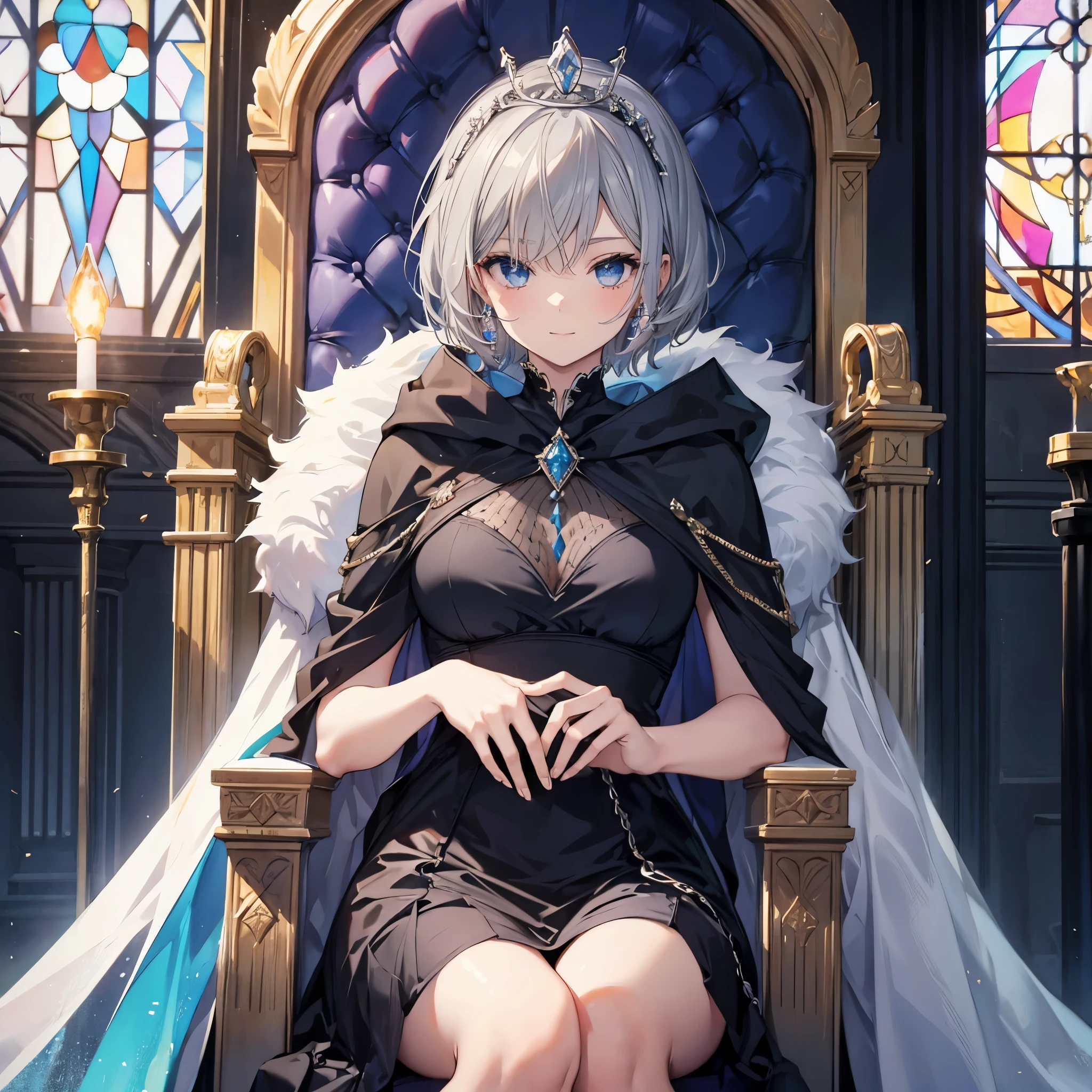 ((((Queen Sitting on the throne)))) (((Gray Hair short hair blue eyes woman Center close-up))),((Stained glass tiara Rest your elbows)),(Black Dress Wearing a cloak),smile Showing teeth Shining Background Shining Edges