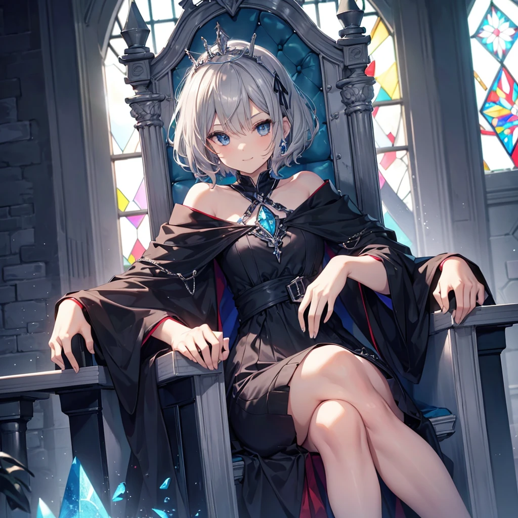 ((((Queen　Sitting on the throne))))　(((Gray Hair　short hair　blue eyes　woman　Center close-up)))，((Stained glass　tiara　Rest your elbows))，(Black Dress　Wearing a cloak)，smile　Showing teeth　Shining Background　Shining Edges