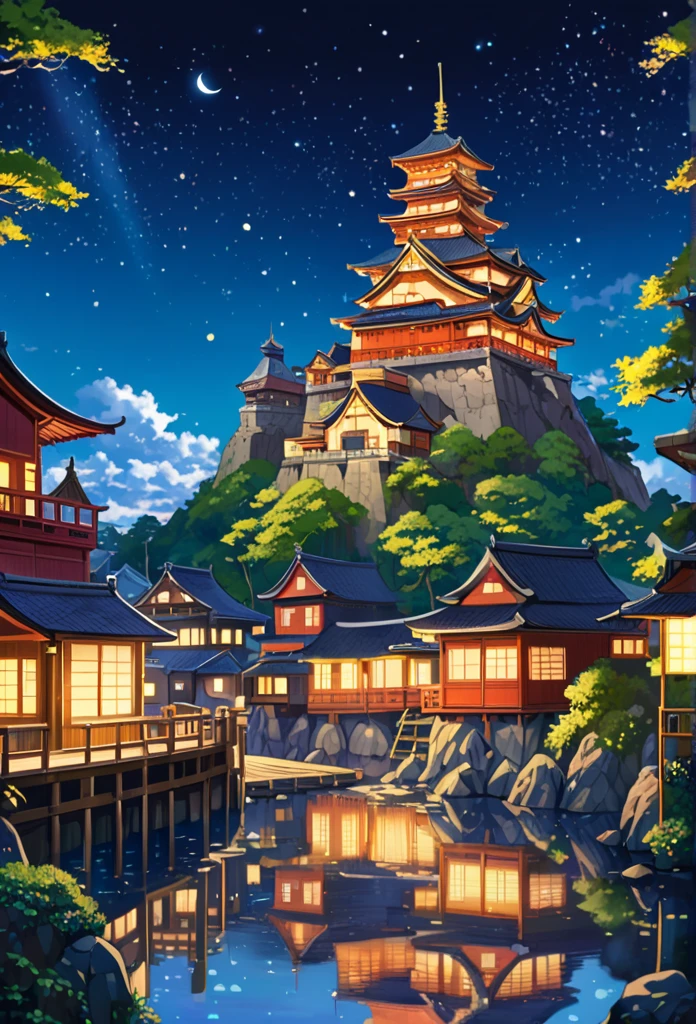 A highly detailed anime-style still art, Ghibli studio style, masterpiece, official art, professional, ((ultra-detailed)), 8K,
((Not show people)),
shimmering city, crystals, reflective surfaces, prismatic light effects, set on a floating island surrounded by a starry night sky.Japanese-style streetscape、Japan Wind Castle