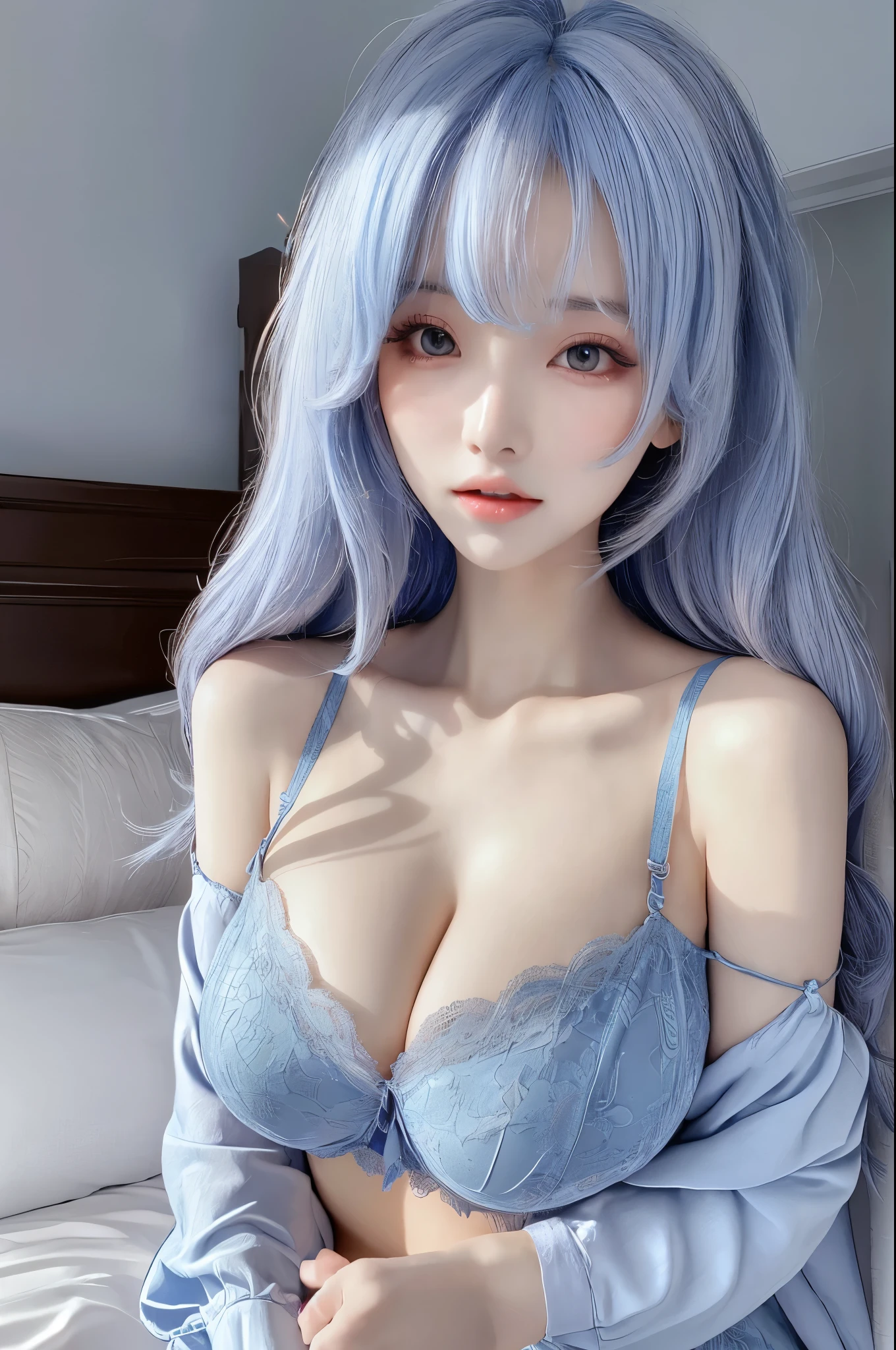 Beautiful sexy seductive slutty woman with perfect figure:1.4,Layered straight Hair Style,sexy for,accentuated super huge enormously gigantic breasts with deep cleavage and potruding nipple:1.5,lingerie pyjamas,Highly Detailed Face and Skin Textur,double eyelid,Whitening Skin,Long blue hair