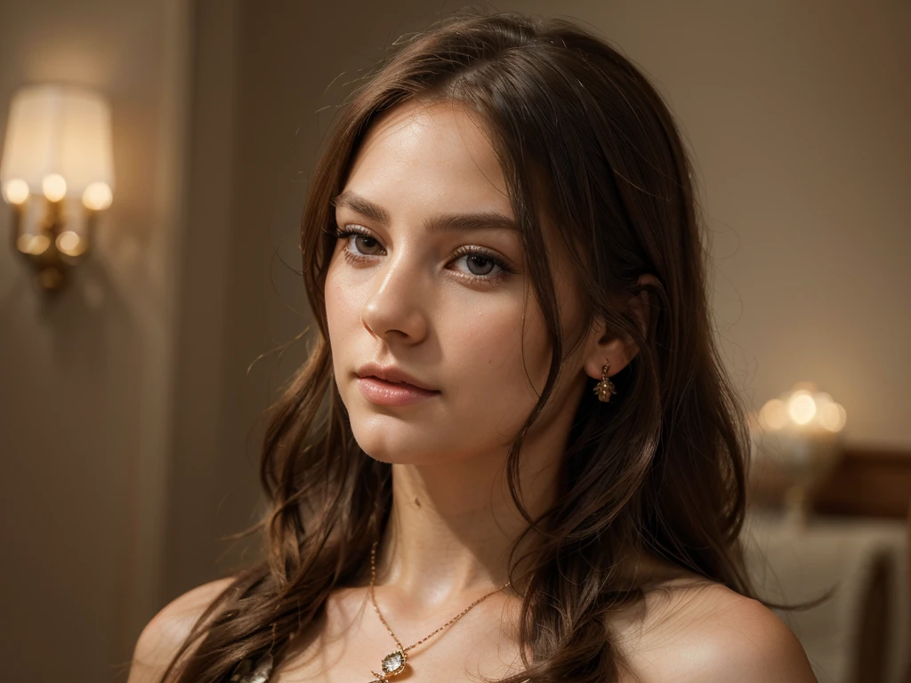 a detailed portrait of a beautiful young woman with long flowing hair, delicate facial features, (best quality,4k,8k,highres,masterpiece:1.2),ultra-detailed,(realistic,photorealistic,photo-realistic:1.37),HDR,UHD,studio lighting,extremely detailed eyes and face,longeyelashes,beautiful detailed eyes,beautiful detailed lips,natural light,soft warm colors,highly detailed skin,elegant expression,intricate hairstyle,flowing dress,detailed jewelry,serene background