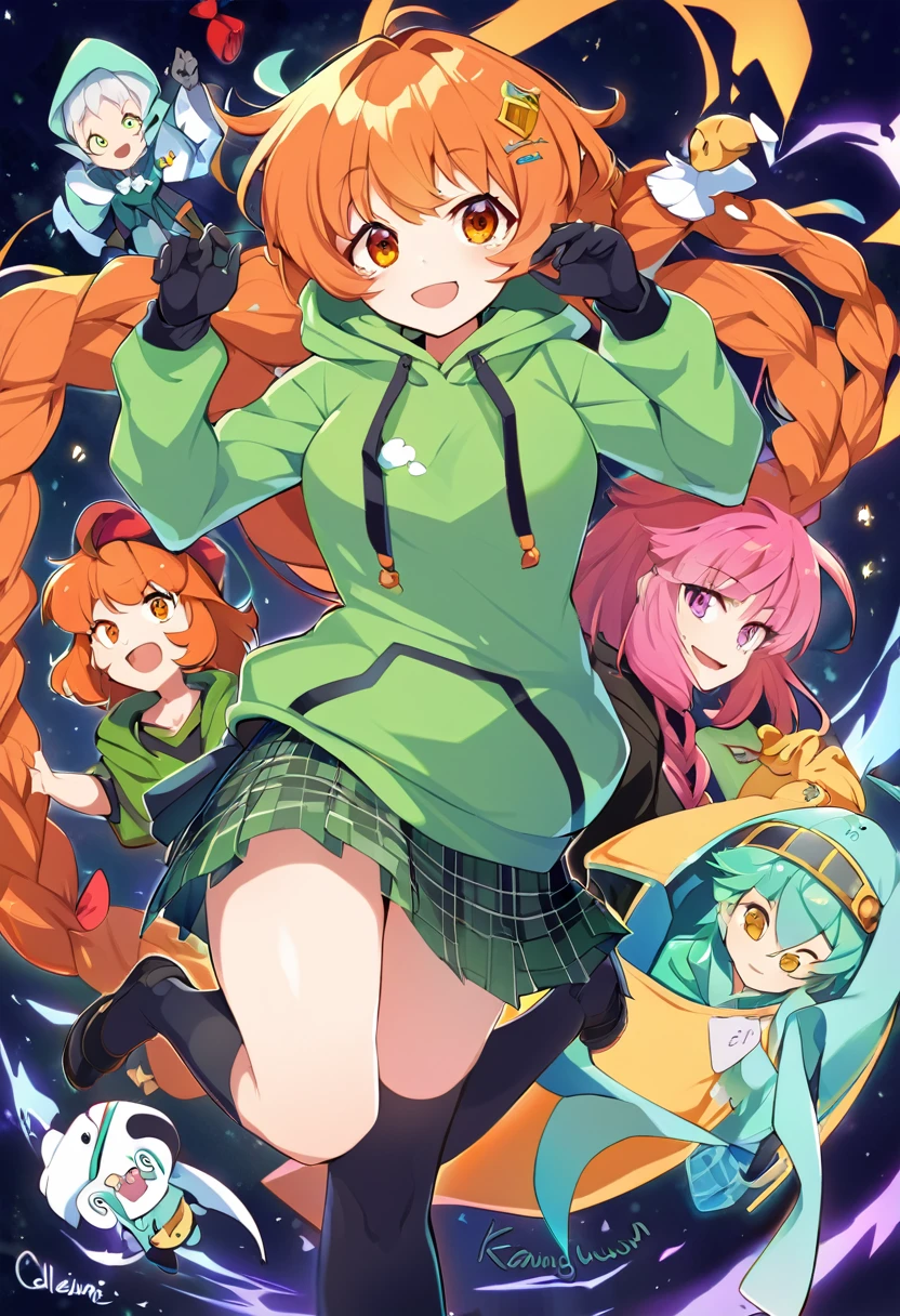 a drawing of a girl in a green hoodie and black gloves, [[[[grinning evily]]]], orange hair, braids in front, orange eyes, green miniskirt, green stockings with black check, in a hoodie, green hood, by Kamagurka, chihiro! fujisaki, madeline from celeste, girl wearing hoodie, by Kanbun Master, in a hood, grinning lasciviously