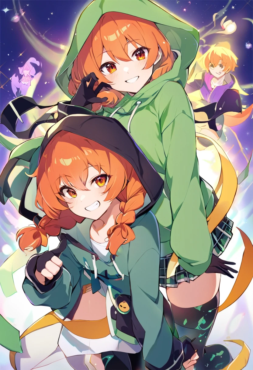 a drawing of a girl in a green hoodie and black gloves, [[[[grinning evily]]]], orange hair, braids in front, orange eyes, green miniskirt, green stockings with black check, in a hoodie, green hood, by Kamagurka, chihiro! fujisaki, madeline from celeste, girl wearing hoodie, by Kanbun Master, in a hood, grinning lasciviously