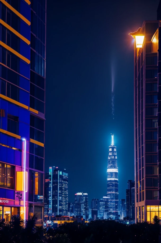 1 Ball lightning, quarter screen size, flies into the window of a high-rise building, behind the night city illuminated by neon colored lamps, There must be a night sky and a bright full moon, and reflections of all the above light from the glass of houses, light drizzle.