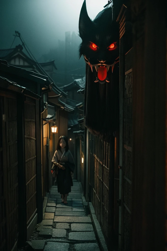 Japanese Yokai、Cinematic quality、It has a dark atmosphere and is a little scary.、masterpiece