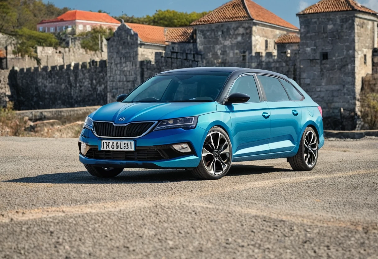 A Curacao blue Škoda Felicia GLX sports car is parked on the road 66, its sleek design and pop-up headlight standing out against the gravel. The car's black roof and blue castle add a pop of color to the scene.