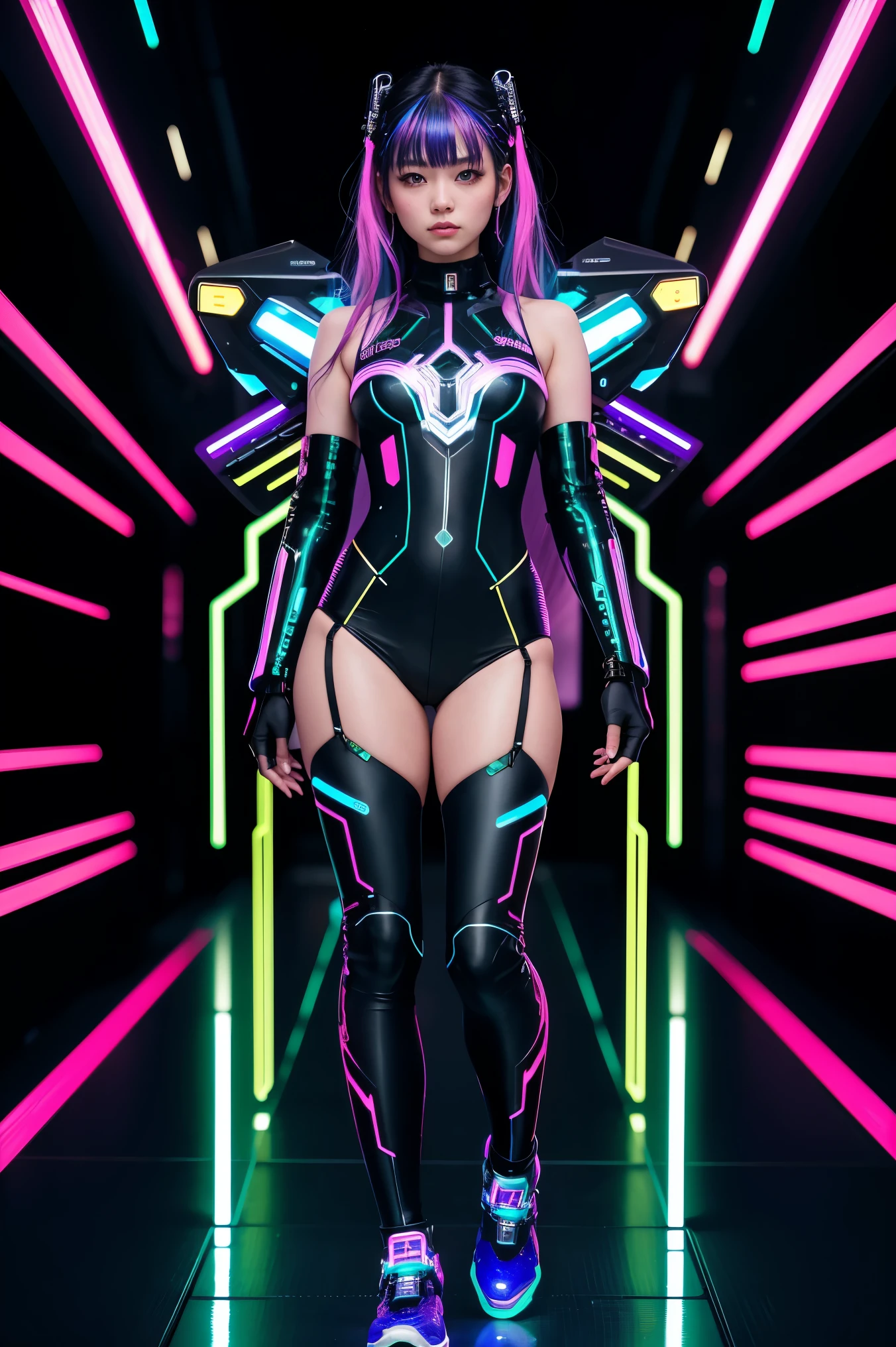 good quality, 8k Ultra HD, Full body, have a cyber saber, a fascinating 20-year-old woman with a futuristic beauty, that seems to transcend time and space, intricately interwoven into its core, wrapped in the cybernetic suit, move fluidly and precisely, Her flowing hair resembles streams of neon lights, It casts a shining light, which gives her look a touch of cyberpunk brilliance, Each strand of hair is carefully decorated with holographic patterns, that shimmer and change, Create a constantly changing play of colors, By Yukisakura, muito detalhado,