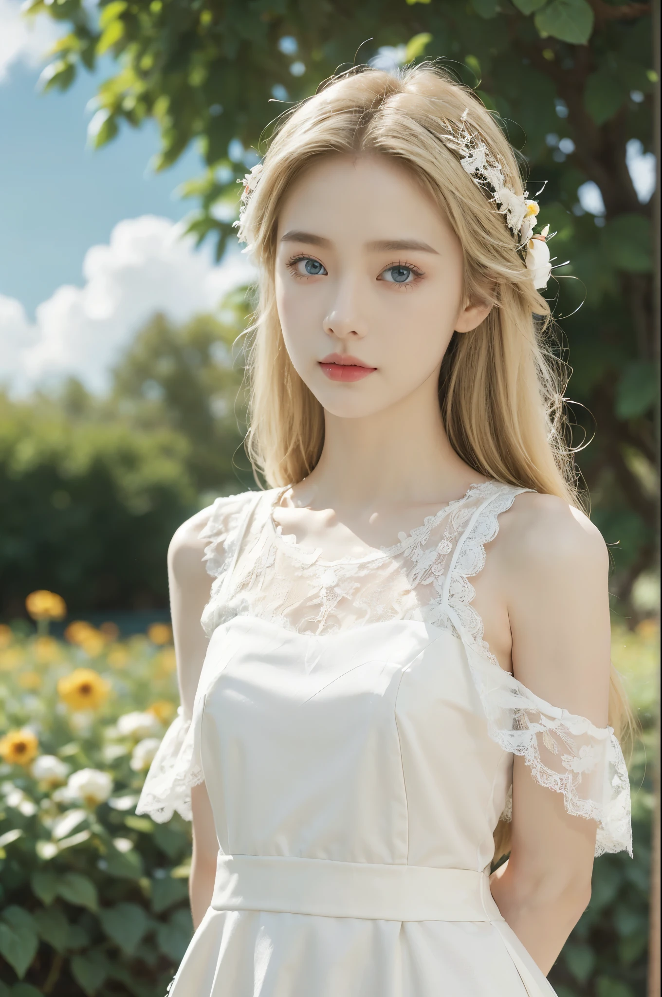 (((best quality))), (((ultra detailed))), (((masterpiece))), illustration,((1 beautiful little girl,solo,angel)),((fair skin,shoulder length straight blonde hair,blue eyes)),((slim,thin,small breasts,flat chest)),joyful expression,(white wings:1.3),(flowing short-sleeved white lace dress:1.3),((In heaven, garden setting)), vibrant flowers,(colorful flowers:1.3),lush grass, gentle breeze, (clear sky, fluffy clouds, shining sun),((from front,standing,upper body,arms behind back))