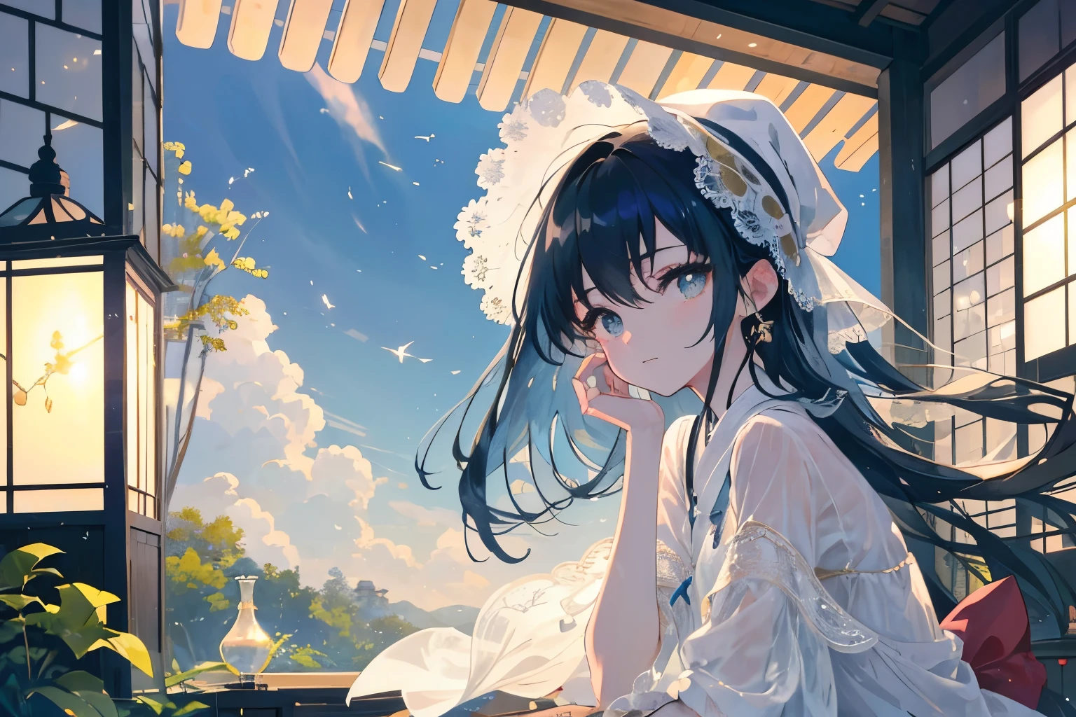 Create exquisite illustrations reminiscent of Makoto Shinkai's style, It has ultra-fine details and top-notch quality. Create a high-quality illustration depicting a beautiful girl relaxing on the veranda of a traditional Japanese house during summer, listening to the sound of wind chimes. The scene should evoke a sense of nostalgia and tranquility, with intricate details and a dreamy atmosphere. The girl's features should be beautifully rendered, capturing her serene and content expression. The veranda should include elements like wooden flooring, traditional sliding doors, and the gentle sway of wind chimes. The warm summer light should cast a soft glow over the scene, enhancing the nostalgic and peaceful feel. Every element should be meticulously crafted to immerse the viewer in a nostalgic and enchanting summer moment. best quality, masterpiece, expressive eyes, gorgeous, vivid, perfect face, smile, happyness, 2eyes, emotion, detailed pupils, vivid pupils,stunning, life, relfection, peace, warm, compsition, artistic, 4k, wallpaper, bonnet, wind, glowing eyes