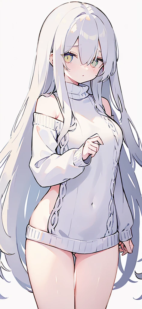 (((Long white Beautiful Hair))),greys hair,kawai,(((Eyes visible from bangs,hair over eyes:1.3))),,Huge breasts,(Yellow color eyes),,(yellw slanted eyes),1girl in,bangs,longs black hair, (white background) (using dark red sweaters, sweater models, off-the-shoulder sweaters), ((Don't wear any pants because the bottom fabric of the sweater is long from the sides to the middle of the thigh)) the curve of her thighs is visible, ((long straight hair)),((The pose of the right hand above the chest, the pose of the left hand hanging down the fingers must be perfect)) (long sweater sleeve covers the back of the hand) image as per tag, Standing body position facing the left side, Bare thighs