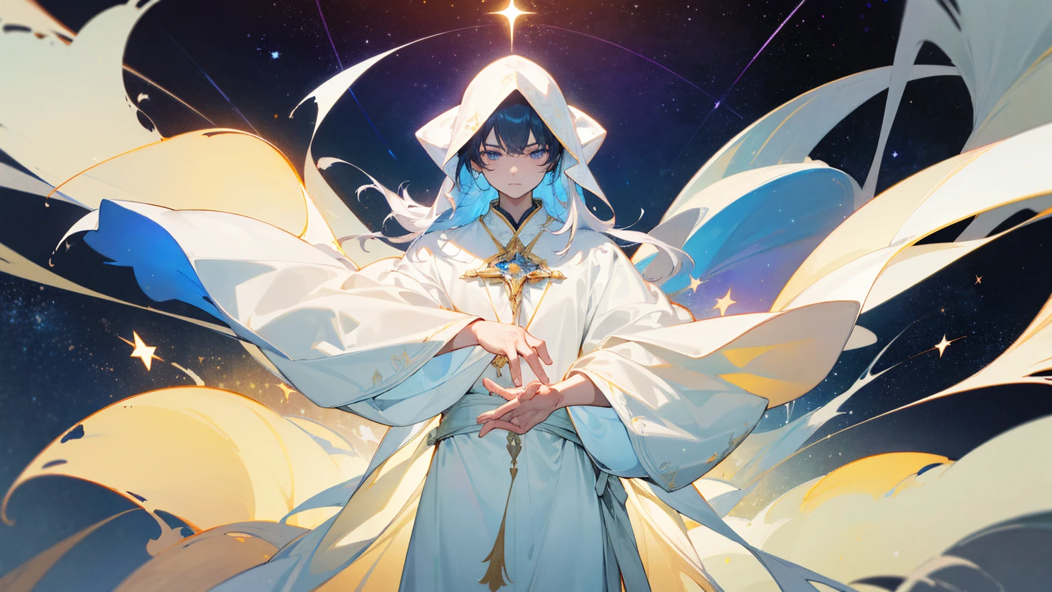 A mysterious figure in a white robe standing at the center of the world, surrounded by countless stars and cosmic nebulae, extending his hands as if creating and shaping the entire world, ,in the style of the stars art group xing xing, 32k, best quality, masterpiece, super detail, high details,upper body only