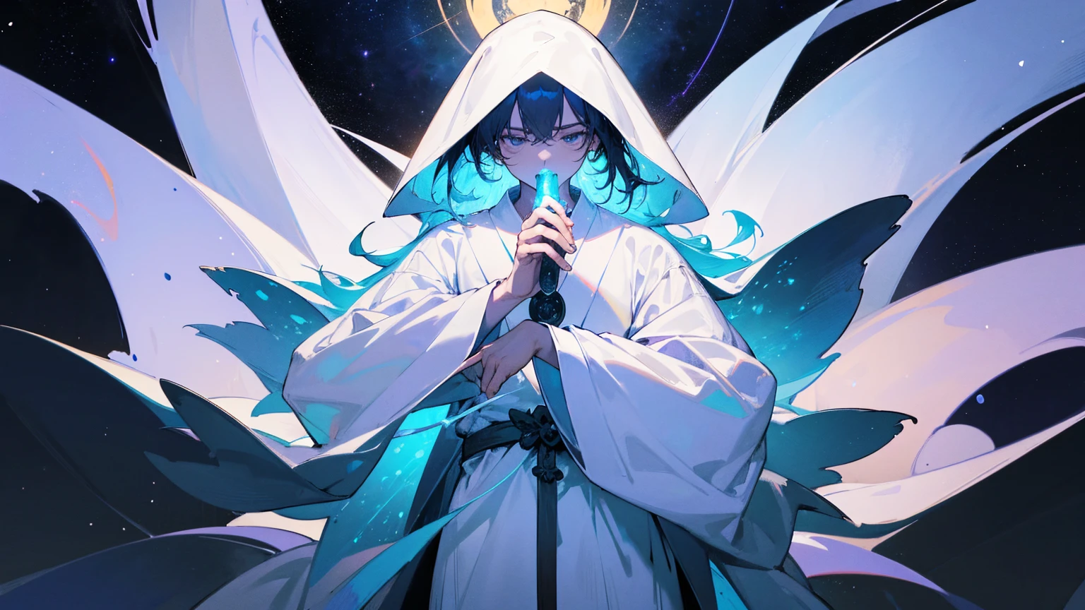 A mysterious figure in a white robe standing at the center of the world, surrounded by countless stars and cosmic nebulae, extending his hands as if creating and shaping the entire world, ,in the style of the stars art group xing xing, 32k, best quality, masterpiece, super detail, high details,upper body only