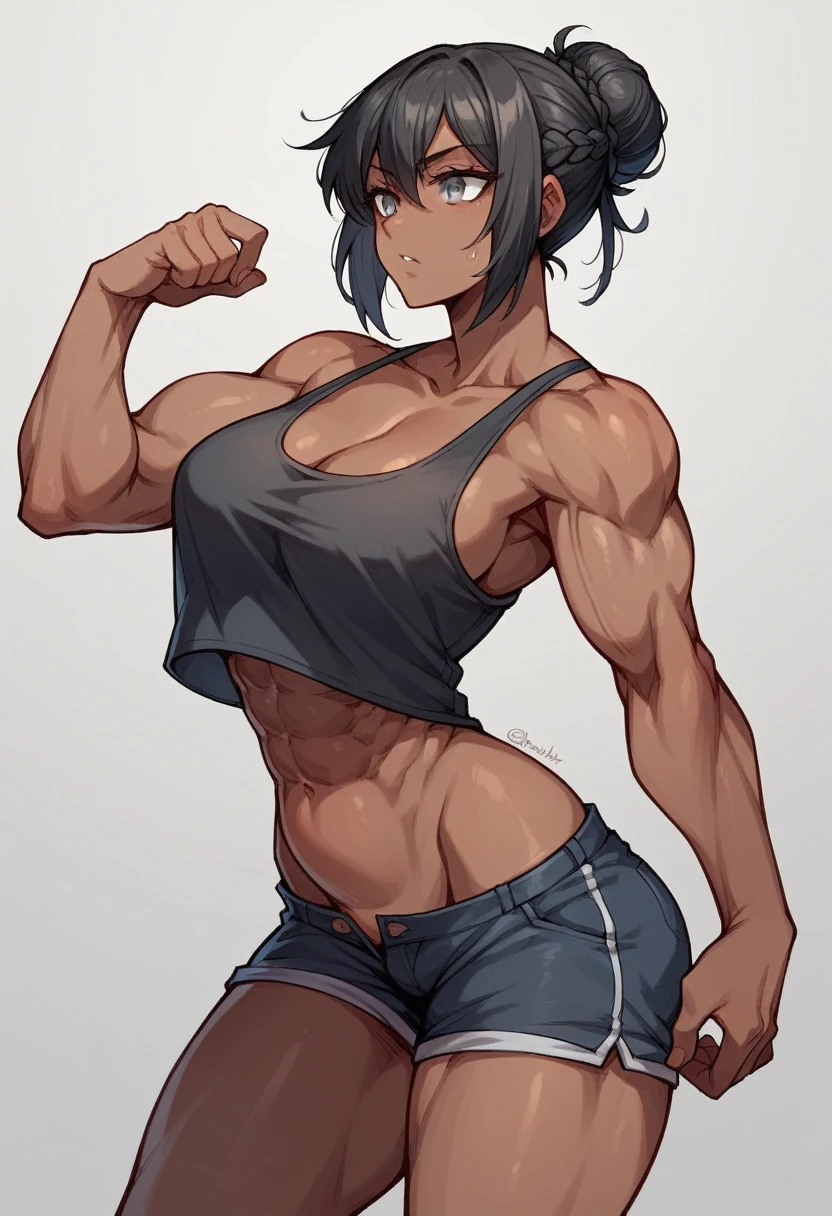 (girl,Black Hair,darkskin,Crown braid hair in bun,Grey Eyes,Large Chest,Wide ass,Abdominal muscles)Tank top,Shorts