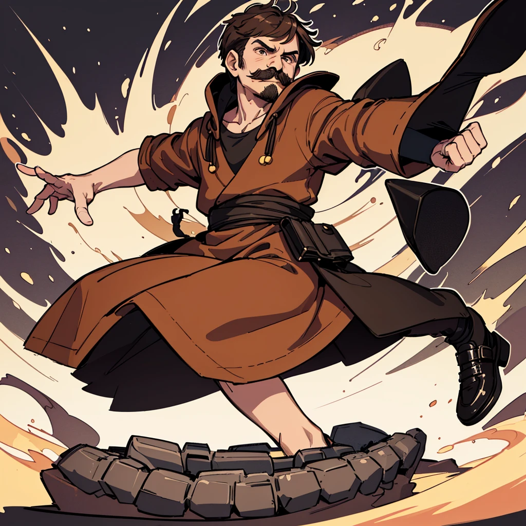 ((((Solo))))、Highest quality, Best Quality,Best illustrationiddle ages、(((Simple brown robe、Black shoes)))、(40-year-old uncle、mature、Kaiser moustache)、(blush、Embarrassed)、fight、Flighting Pose