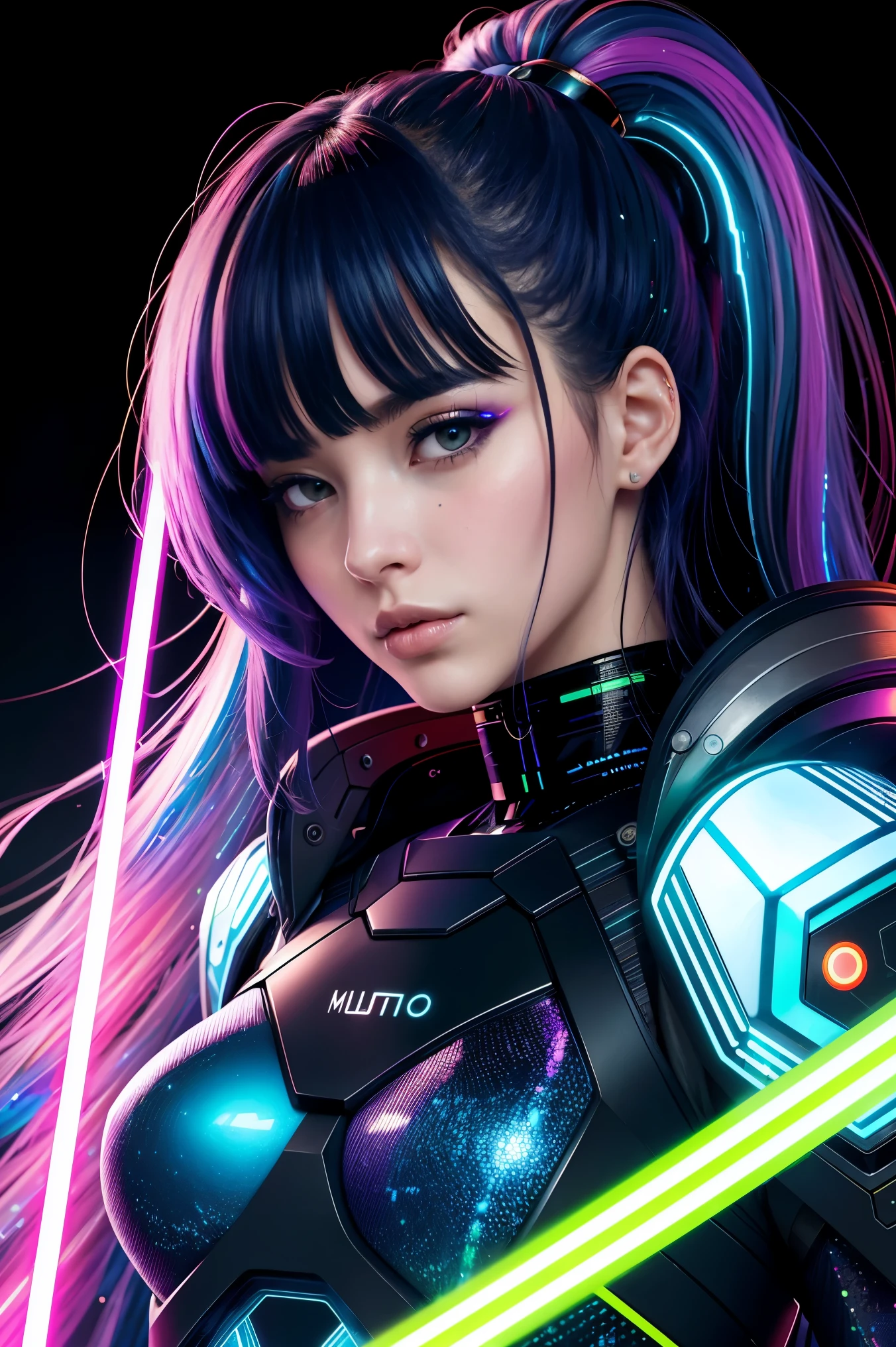 good quality, 8k Ultra HD, Full body, have a cyber saber, a fascinating 20-year-old woman with a futuristic beauty, that seems to transcend time and space, intricately interwoven into its core, wrapped in the cybernetic suit, move fluidly and precisely, Her flowing hair resembles streams of neon lights, It casts a shining light, which gives her look a touch of cyberpunk brilliance, Each strand of hair is carefully decorated with holographic patterns, that shimmer and change, Create a constantly changing play of colors, By Yukisakura, muito detalhado,