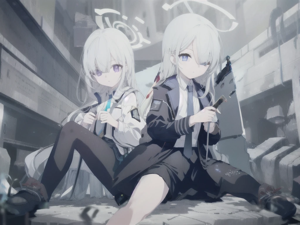(Highest quality), (High resolution), (masterpiece), (Super detailed), (Highest quality), (High resolution), (masterpiece), (Super detailed), (Bright saturation), Thigh-length hair, White Hair, Heterogeneous eyes: purple left eye and blue right eye, Blue Archive Art Style, One girl, Swinging a black sword in his right hand, Left hand in pocket,  girl, (Black long coat, White shirt, Black tie, Black trousers, suit, Black halo) whole body, Countless swords of light are stuck in the ground., Magic circle in the background, Expressionless, Vivid saturation