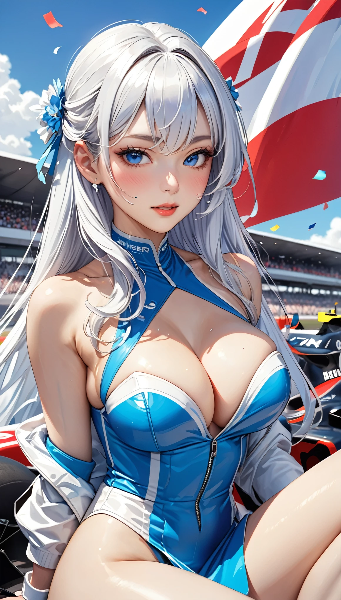 Highest quality, Super quality, 16K, Incredibly absurd, Very detailed, 2.5D, delicate and dynamic, blue sky, Confetti, Racing Car, Flag, Small face, Extremely delicate facial expression, Delicate eye depiction, Extremely detailed hair, Upper body close-up, erotic, sole sexy Japanes lady, healthy shaped body, 22 years old lady, Race Queen, huge firm bouncing busts, white silver long hair, sexy long legs, Glowing Skin, , 派手なRace Queenのコスチューム, blue tight skirt, white leather long boots, Formula 1, Auto Racing Track