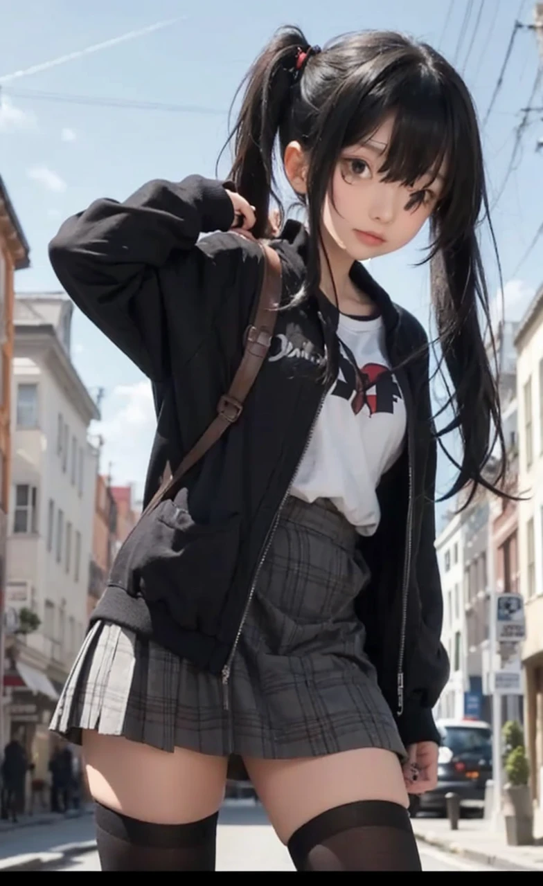 Girl with black hair, black sweatshirt, White shirt, gray skirt and black measurements