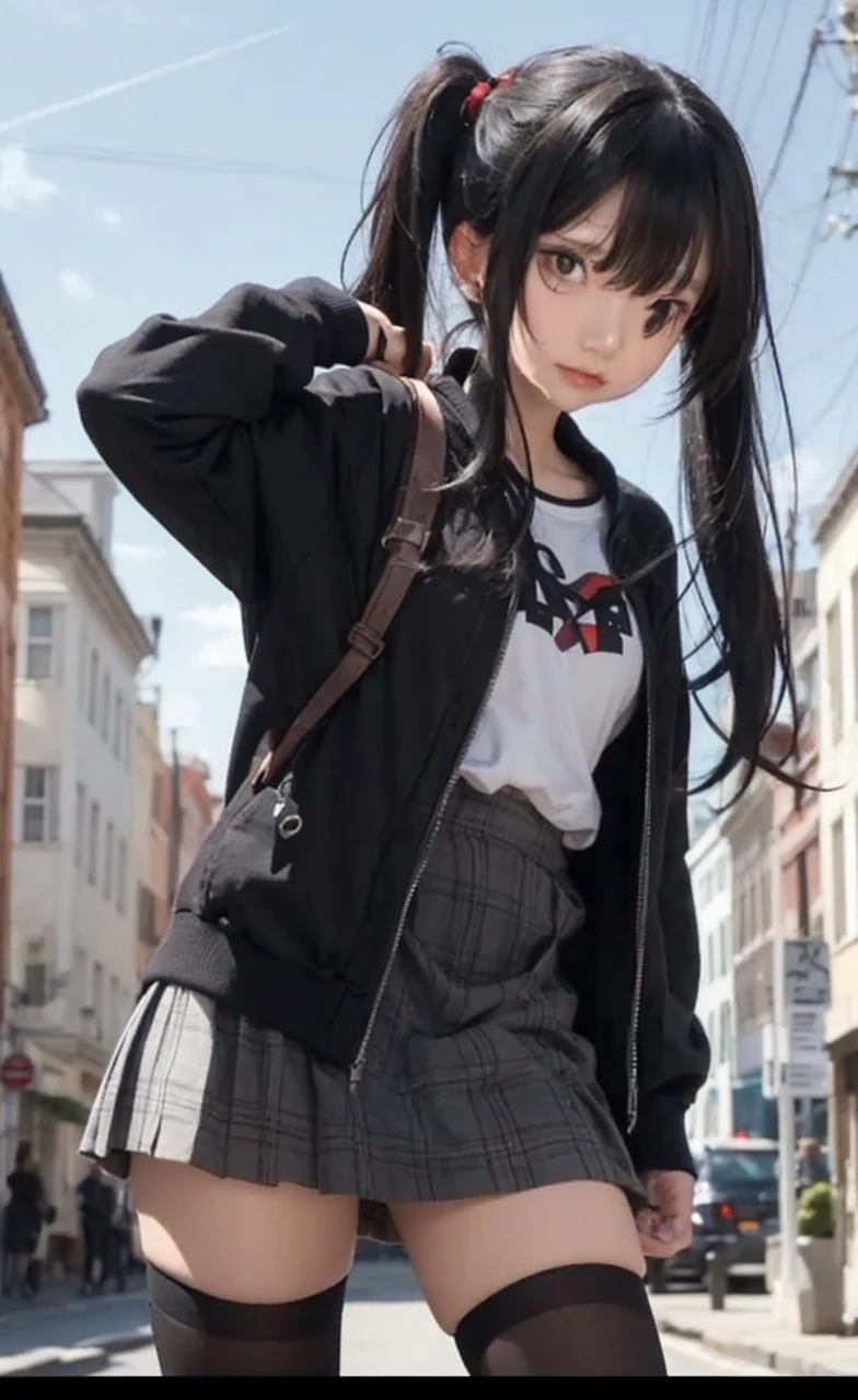 1girl, flat chest, shiny skin, short hair, black hair, ahoge, messy hair, payot, twintails, short twintails, animal ears, animal ear fluff, bat ears, bangs, hair between eyes, bat hair ornament, expressionless, empty eyes, red eyes, glowing eyes, white dress, short dress, pleated skirt, hooded jacket, black jacket, open jacket, open clothes, black hood, hood down, long sleeves, wide sleeves, sleeves past wrists, sleeves past fingers, black thighhighs, zettai ryouiki, boots, black footwear, outdoors, day, sky, tree, blue sky, cloud, pavement, road, tropical vegetation, bushes, grass, beach, ocean, wooden buildings, hills, shoreline, port, fishing boats, chichijima, ogasawara islands, tokyo, japan, masterpiece, best quality, official art, extremely detailed CG unity 8k wallpaper, artbook, yuzu-soft, kobuichi, muririn,