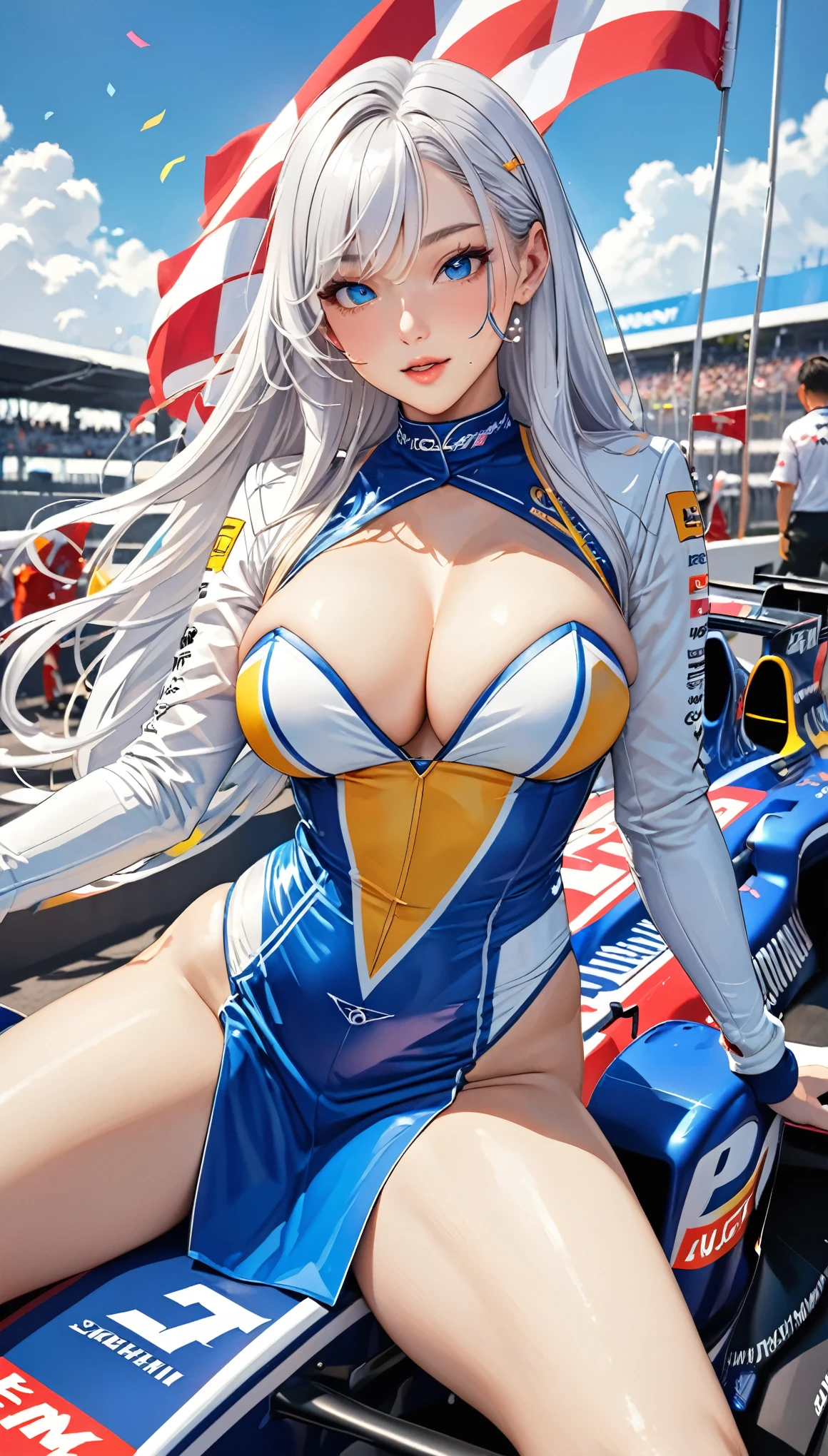 Highest quality, Super quality, 16K, Incredibly absurd, Very detailed, 2.5D, delicate and dynamic, blue sky, Confetti, Racing Car, Flag, Small face, Extremely delicate facial expression, Delicate eye depiction, Extremely detailed hair, Upper body close-up, erotic, sole sexy Japanes lady, healthy shaped body, 22 years old lady, Race Queen,  huge firm bouncing busts, white silver long hair, sexy long legs, Glowing Skin, , 派手なRace Queenのコスチューム, blue tight skirt, white leather long boots, Formula 1, Auto Racing Track