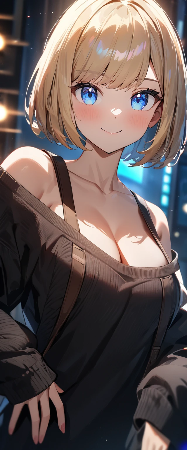 (((One girl))), blond hair, ((sunglasses, hand to sunglasses)), ((one hand on hip)), (bob cut:1.3)), breasts, cleavage, (cowboy shot), standard body, (looking at viewer), oversized clothes, puffy long sleeves, collarbone, ((off-shoulder sweater dress:1.3, Quite thick shoulder straps)), (((sleeves past wrists:1.3))), ((black sweater)), ((knit sweater)), teenager, head tilt:1.3, (((blue eye))), ((happy smile)), (((anime style))), (best quality, 4k, 8k, highres, masterpiece:1.2, ultra-detailed, ultra-detailed eyes, HDR, UHD, studio lighting, ultra-fine painting, sharp focus, physically-based rendering, extreme detail description, professional, vivid colors, bokeh), ((Highest quality, Best image quality, Ultra-high resolution, Ultra-high resolution, solo, Strong eye highlights)), Depth of written boundary, Natural soft light, attractive, Beautiful Face, Cleanliness, Pure Face, nedium chest, Beautiful Face, Perfect Fingers, Perfect hands, Perfect body, Perfect Face, Shine a light into your eyes, Perfect Anatomy