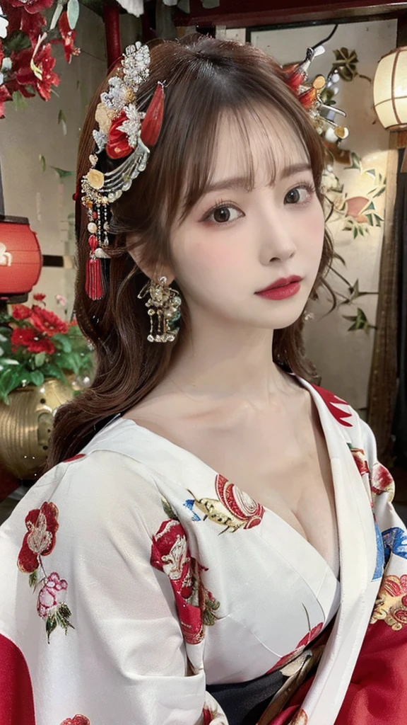 (Detailed skin:1.2),(Shiny skin:1.1),8K,Highest quality, masterpiece, Ultra-high resolution,(Realistic:1.4), RAW Photos,(Soft saturation:1.3),(Fair skin:1.2),Half-Japanese beauty,repair,20 years, Light brown hair, （Up-Hairstyles:1.2), Asymmetrical Hair, (Pretty face:1.4), (Large Breasts, Tight waist), Beautiful lighting, (Sexy Oiran:1.2,),Highly detailed face, Highly detailed lips, fine grain, double eyelid, （Sharp focus: 1.2）, （Perfect Anatomy),(Beautiful woman with perfect figure: 1.2）、Exposing cleavage、Random sexy poses，(Accentuate your leg lines:1.２)、kimono、Sharp Eyes,Alluring expression、Open your mouth wide、Gorgeous hair ornament、Japanese style background