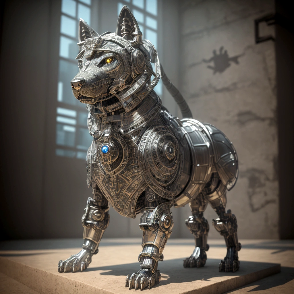The building has a metal dog statue on its base., Armored Catの仲間, husky in shiny armor, Armored Cat, Steampunk dog, Cyborg dog, rendered in redshift, Steampunk ferret - a shaped mecha, Robot Lion, Industrial Mechanical Robot Dog, Highly detailed rendering, A good giant mechanical wolfdog, Detailed and complex rendering, Expressed in 3D rendering、Skinny、It's old、sit、