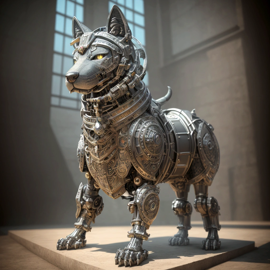 The building has a metal dog statue on its base., Armored Catの仲間, husky in shiny armor, Armored Cat, Steampunk dog, Cyborg dog, rendered in redshift, Steampunk ferret - a shaped mecha, Robot Lion, Industrial Mechanical Robot Dog, Highly detailed rendering, A good giant mechanical wolfdog, Detailed and complex rendering, Expressed in 3D rendering、Skinny、It&#39;s old、sit、
