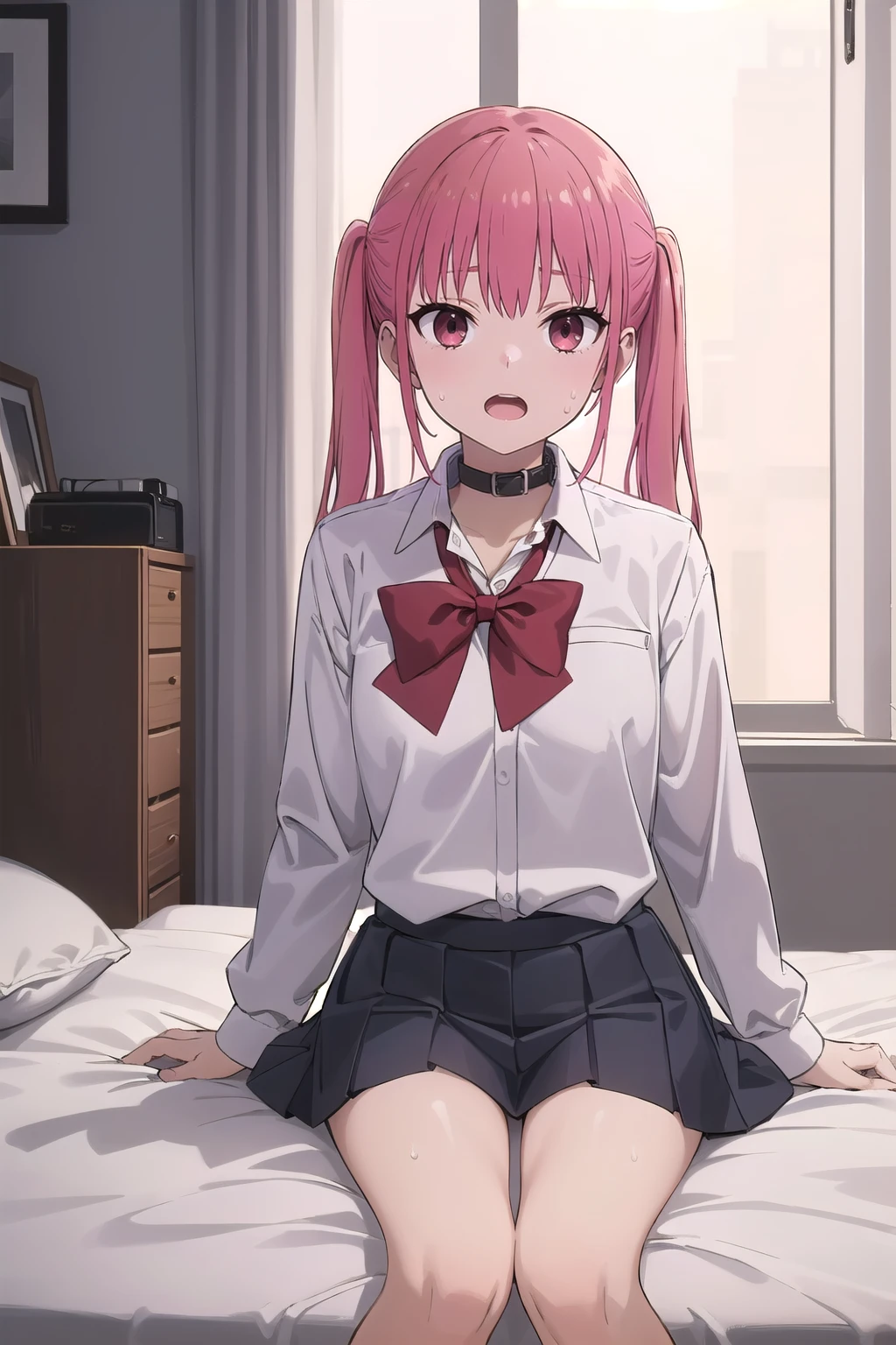 extremely detailed CG unity 8k wallpaper),(masterpiece),(best quality),(ultra-detailed),(best illustration),(best shadow),(absurdres), Remi, 1girl, solo, twintails, bow, red bow, open mouth, bowtie, lewd face, pink hair, red bowtie, looking at viewer, Naughty school uniforms, Wearing a dog collar, Naughty tattoo on the belly , laying on the bed,(sweating), tremor