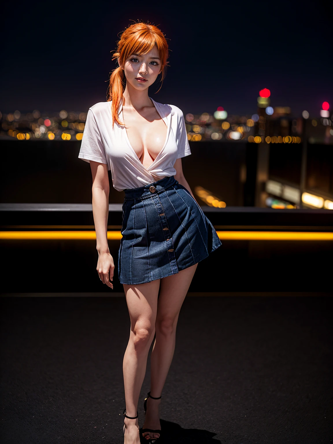 (1 lady), (Best quality at best:1.4), (ultra - detailed), (extremely detailed CG unified 16k), A Beautiful Woman with Perfect Figure: 1.4, Sharp Focus: 1.2, very detailed, High-definition RAW color photo, professional photoshooting, amazing face and eyes, cosmetics, (amazingly beautiful girl), ((asuka)), ((shirt, skirt)), standing, sexyposture,(Dark and stylish urban landscape, city lights, city lights:1.3), (look from down), realistic cinematic face, head to feet long wide zoomed out view, full body long view, photorealistic, ((realistic natural orange redhair style, blue eyes, long hair, double pony tail)), gorgeous, extremely beautiful face, perfect model beauty, pout mouth, Highly Detailed Face and Skin Texture, Detailed Eyes, Double Eyelids, Medium Breasts, Smile, cleavages, western, (masterpiece), best quality, high resolution, extremely detailed, blurred background, depth of field, cinematic lighting, amazing legs, high heels, clear and well-cared skin, pale white skin, (((woman occupies most of the picture)))