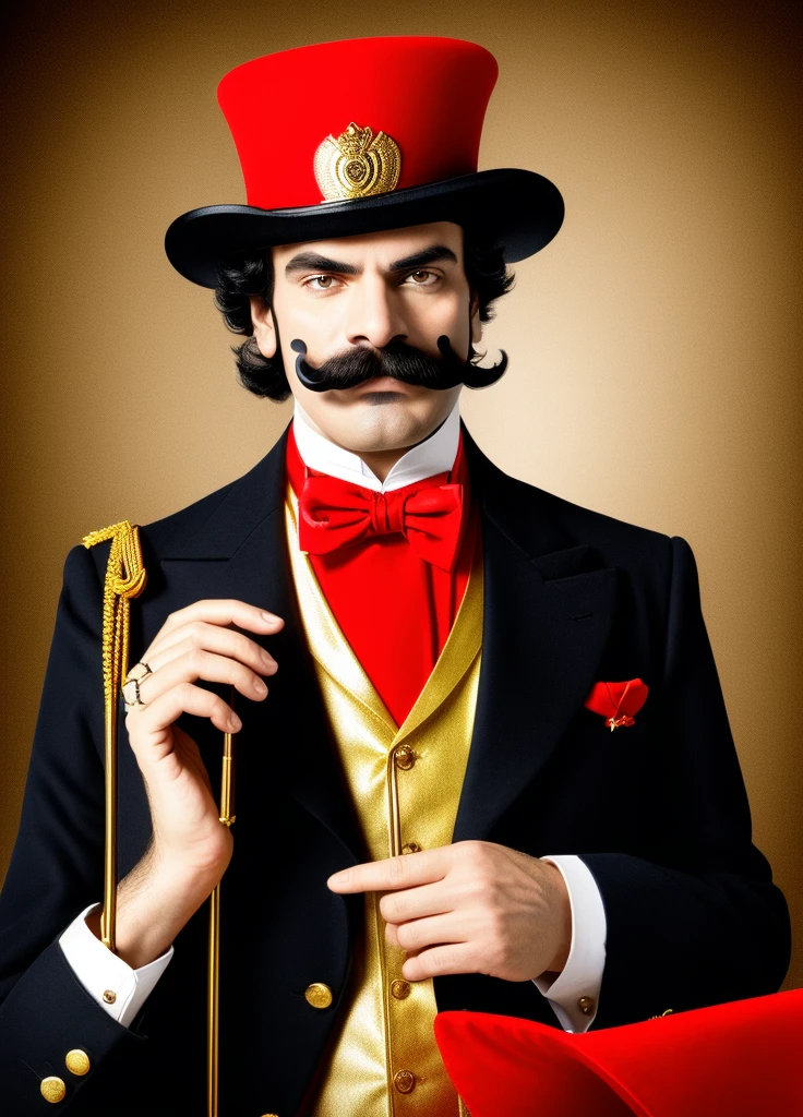 há um homem de terno e chapéu with a mustache, drdisrespect posing as napoleon, he is wearing a top hat, waluigi as a real person, Raj Koothrappali como Saul Goodman, drdisrespect like napoleon, Dom Ramon, top hat and luxurious moustache, with a mustache, big mustache, coloured background, wear a stylish mustache