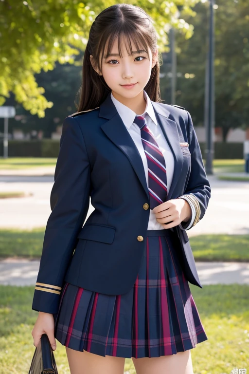 Highest Resolution, 4K, masterpiece, high school girl,uniform, 18-year-old, Women's photos, ((Beautiful posture))、Big eyes, Cleavage、Thighs, Realistic teeth, double eyelid, (whole body),((Braided short tail)) Highest quality, Familiar, beauty, Adorable, By the pond、Big eyes、Droopy eyes