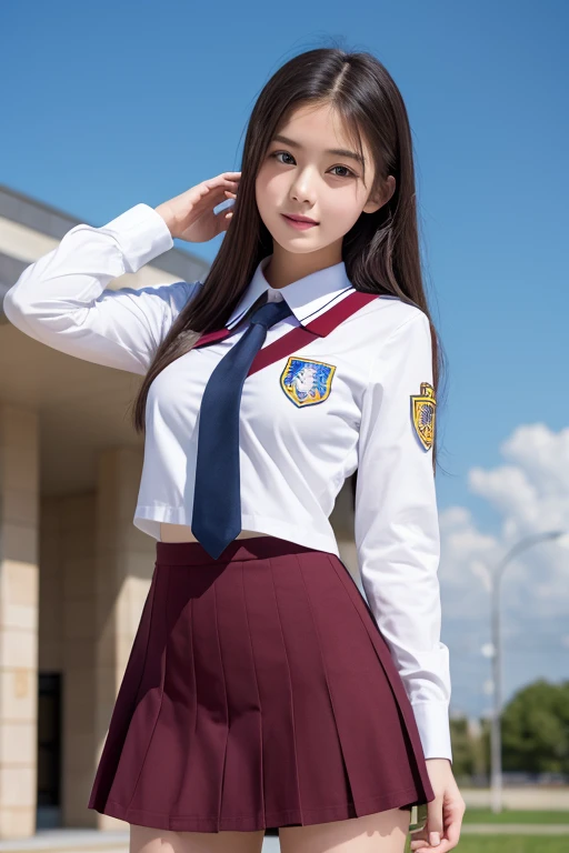 Highest Resolution, 4K, masterpiece, high school girl,uniform, 18-year-old, Women's photos, ((Beautiful posture))、Big eyes, Cleavage、Thighs, Realistic teeth, double eyelid, (whole body),((Braided short tail)) Highest quality, Familiar, beauty, Adorable, By the pond、Big eyes、Droopy eyes