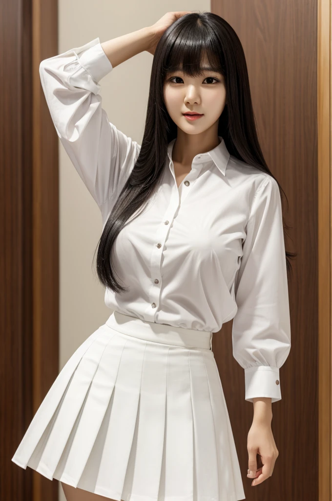 Jang won-young with big F cup breasts, with a white shirt and a black pleated skirt. Long straight hair with nefertiti bangs, close up photo with left hand up.