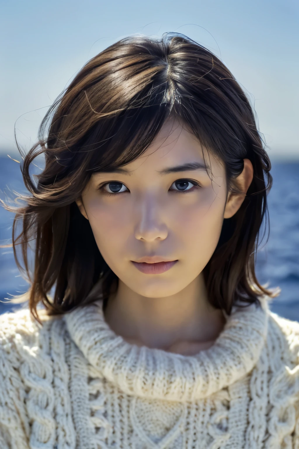 (knitwear), (top-quality, masterpiece:1.3, Super high resolution), (Photorealsitic:1.4, RAW shooting), Ultra-realistic capture, A highly detailed, high-definition 16K for human skin, Wistful, A skinny Japanese woman, 30 years old, cute face, ((Sadness face)), detailed face, detailed eyes, ((correct anatomy)), A dark-haired, Middle hair, ((Background of the sea in a starry night)), (((looking up afar at starry sky))), hair blowing in the wind