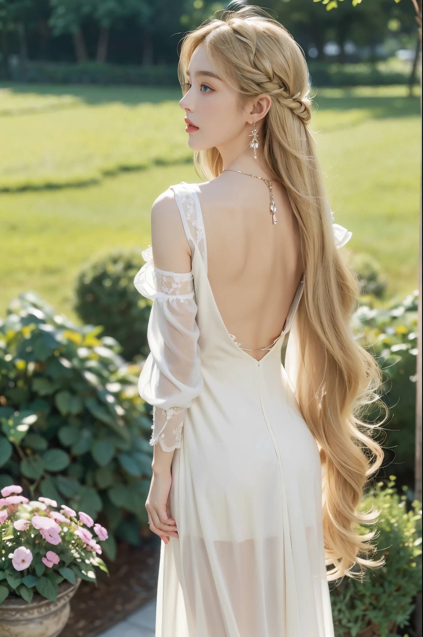 (((best quality))), (((ultra detailed))), (((masterpiece))), illustration,((1 beautiful little girl,solo,angel)),((fair skin,shoulder length straight blonde hair,blue eyes)),((slim,thin)),(earrings,crystal necklace),((bare back,towering hips,butt crack)),joyful expression,(flowing short-sleeved white sheer dress:1.3),((In heaven, garden setting)), vibrant flowers,(colorful flowers:1.3),lush grass, gentle breeze, (clear sky, fluffy clouds, shining sun),((from back,standing,upper body))