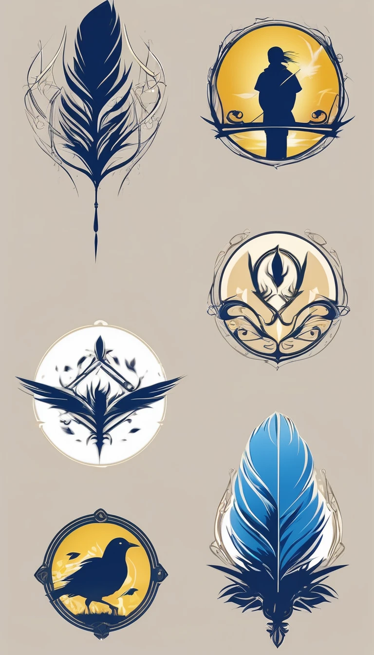 Create a minimalistic, simple, fantastic, easy to understand, logo design of a boy and a feather for an upcoming Fantasy Role Playing Game called " Penamemoria". The game is about a world full of bird and feathers. A boy enters that world and discovers his true artistic identity. Create a logo design that transmits the essence of this videogame. It´s a fantasy game, with fantasy elements. Create the logo in the center and a fantasy theme as background. Use the colours blue, white, yellow in the logo. The logo design must convey a sense of fantasy, dreams and music. Must convey a feeling of being a true Dreamer