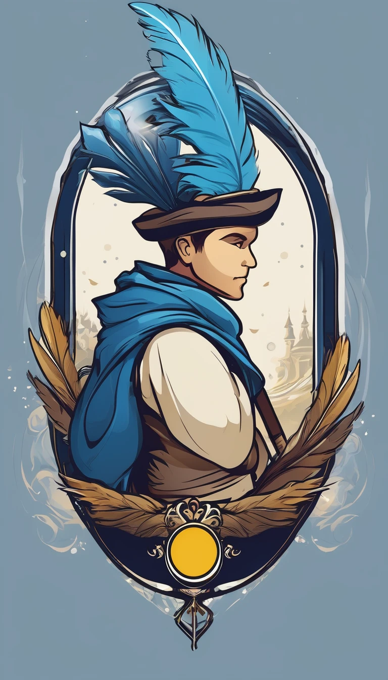 Create a minimalistic, simple, fantastic, easy to understand, logo design of a boy and a feather for an upcoming Fantasy Role Playing Game called " Penamemoria". The game is about a world full of bird and feathers. A boy enters that world and discovers his true artistic identity. Create a logo design that transmits the essence of this videogame. It´s a fantasy game, with fantasy elements. Create the logo in the center and a fantasy theme as background. Use the colours blue, white, yellow in the logo. The logo design must convey a sense of fantasy, dreams and music. Must convey a feeling of being a true Dreamer