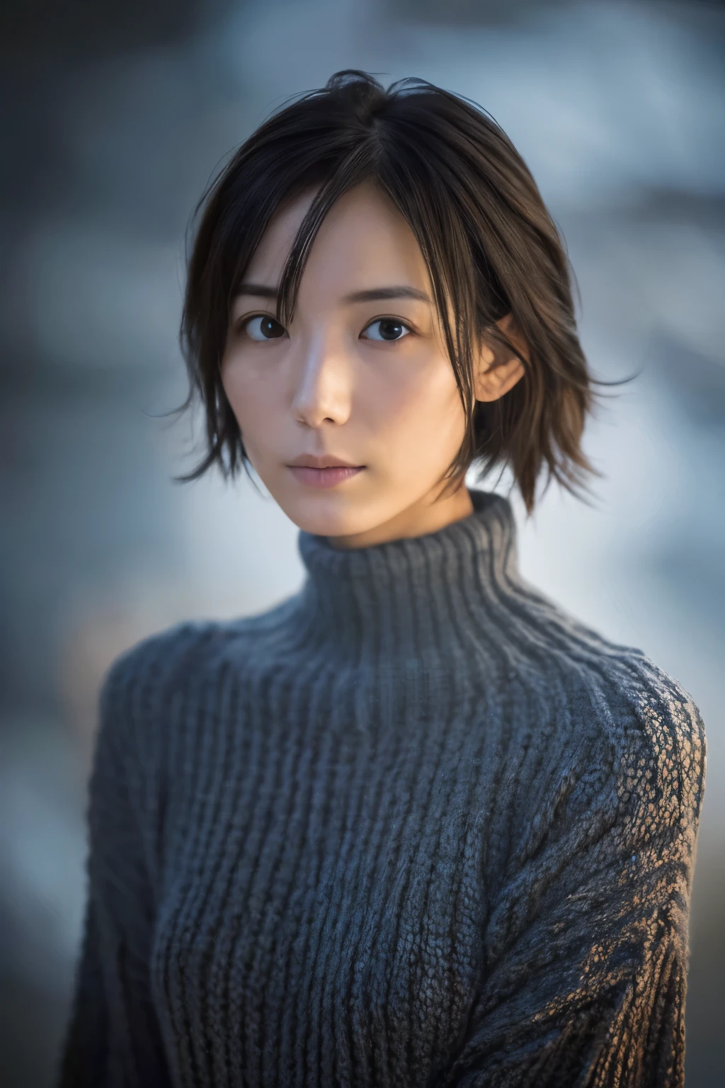 (knitwear), (top-quality, masterpiece:1.3, Super high resolution), (Photorealsitic:1.4, RAW shooting), Ultra-realistic capture, A highly detailed, high-definition 16K for human skin, Wistful, A skinny Japanese woman, 30 years old, cute face, ((Sadness face)), detailed face, detailed eyes, ((correct anatomy)), A dark-haired, Middle hair, ((Background of the sea in a starry night)), (((looking up afar at starry sky))), hair blowing in the wind