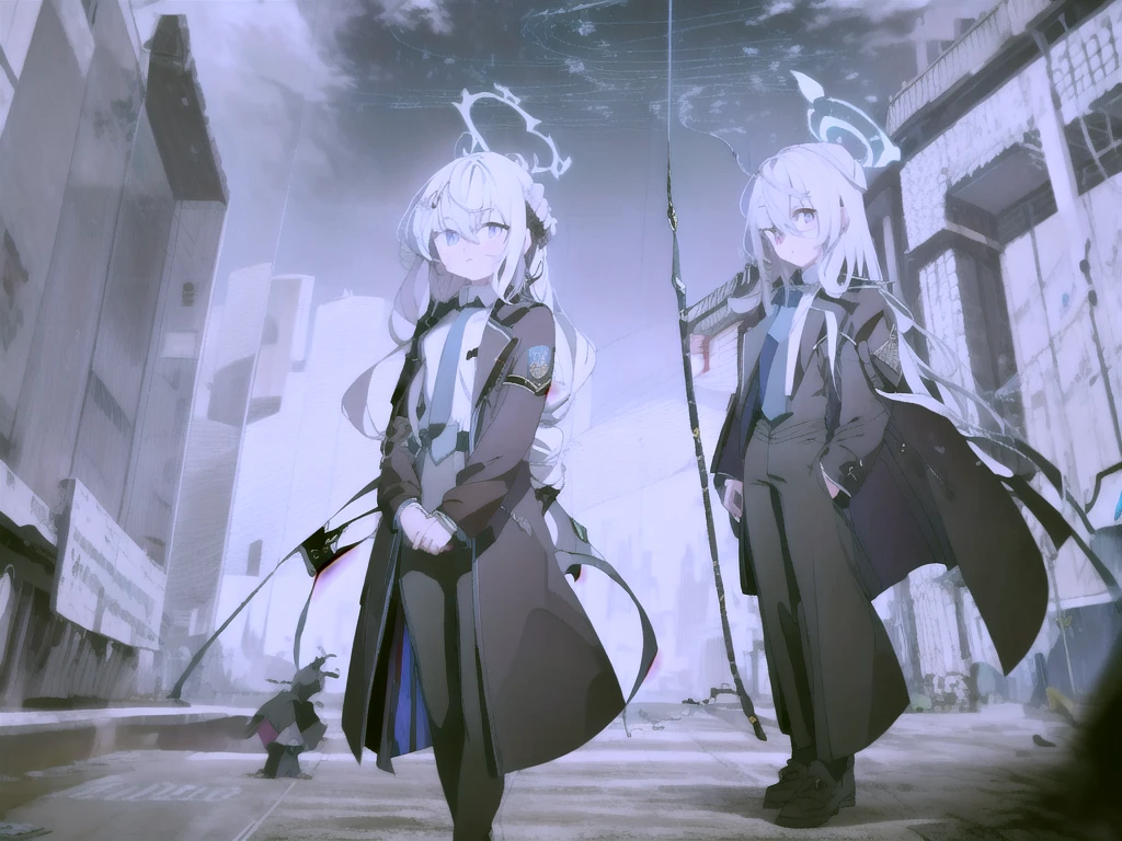 (Highest quality), (High resolution), (masterpiece), (Super detailed), (Highest quality), (High resolution), (masterpiece), (Super detailed), (Bright saturation), Thigh-length hair, White Hair, Heterogeneous eyes: purple left eye and blue right eye, Blue Archive Art Style, One girl, Swinging a black sword in his right hand, Left hand in pocket,  girl, (Black long coat, White shirt, Black tie, Black trousers, suit, Black halo) whole body, Countless swords of light are stuck in the ground., Magic circle in the background, Expressionless, Vivid saturation