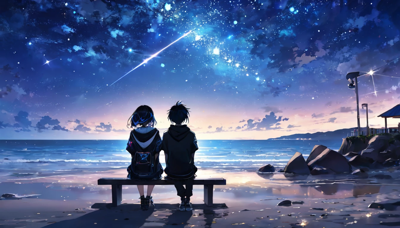 Sitting and looking at the sea２people、Boys and Girls、teenager、cyber punk、Beach、Starry Sky