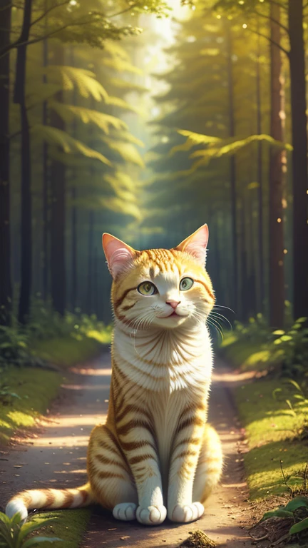 girl, Forest Background, Ivory Gold AI Psychedelic Magic, Cat, Fairy, Clean, bright, Smile